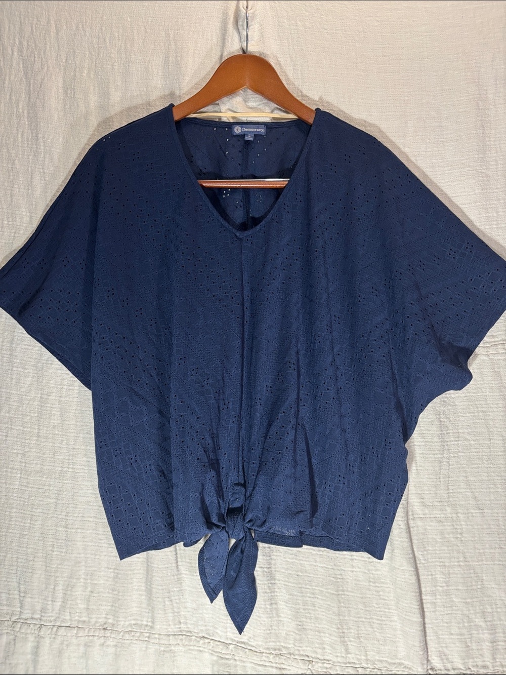 Democracy Navy Eyelet Tie-Front Blouse